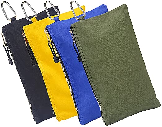 Canvas Tool Zipper Pouches, 4pcs Heavy Duty Tool Bags Sturdy Utility Bags with Tough Metal Carabiner (18 x 30cm)