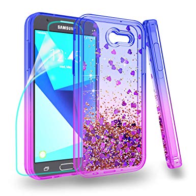ZingCon Suit for Samsung Galaxy J3 2017 Case, J3 Emerge/J3 Prime Phone Case, with Quicksand Bling Adorable Shine,[HD Screen Protector] Shockproof Hybrid Hard PC Soft TPU Protective Cover-Blue/Purple