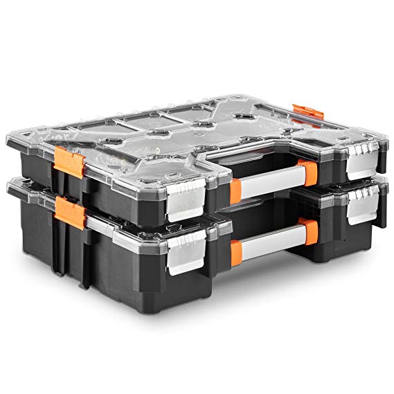VonHaus Set of 2X Interlockable Heavy Duty Tool Storage Box 18" Small Parts Organizer with 24 Removable and Adjustable Compartments for Hardware, Arts, Crafts, Tools and Parts