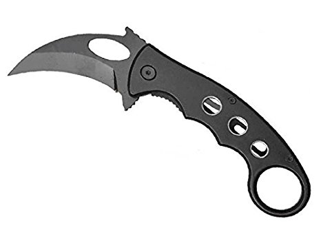 7" Hawk Bill All Black Metal Handle and Black Blade Assisted Opening Pocket Knife with Belt Clip