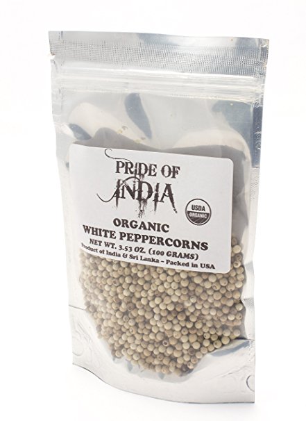 Pride Of India - Organic White Peppercorns Whole Seeds, 3.53oz (100gm)