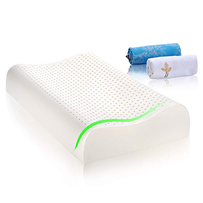 UUQ 100% Organic Latex Contour Pillow for Neck Pain, Medium Firm and Great Sleeping Support, Low&High Ergonomic Contour Design with 2 Pure Cotton Covers, Standard Size(White)
