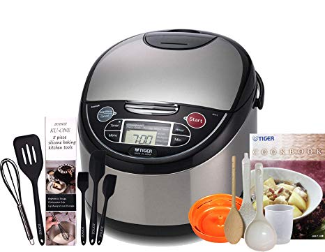Tiger JAX-T10U-K (5.5 Cups Uncooked/11 Cups Cooked) Micom Rice Cooker with Food Steamer & Slow Cooker, Stainless Steel Black & Zonoz 8-Inch Rice Paddle/Wooden Stirring Spoon Bundle