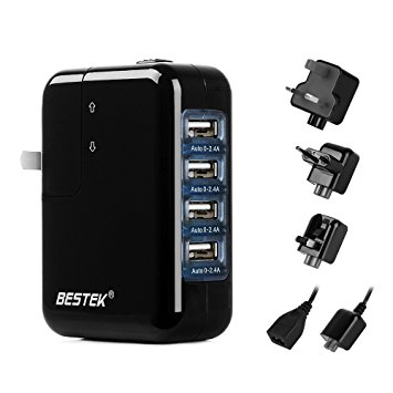 USB Travel Charger, BESTEK 35W 4-Port International Wall Adapter with US/AU/UK/EU Plug for for Apple iPhone iPad, Samsung, Cell Phone, Tablet, Power Bank and More - Black