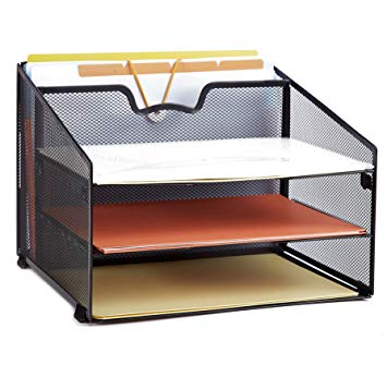 ProAid Mesh Office Desktop Accessories Organizer, Desk File Organizer with 3 Paper Trays and 1 Vertical Upright Compartment, Black