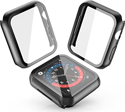 JULK Hard PC Case Compatible with Apple Watch Series 7 41mm with Tempered Glass Screen Protector, Ultra-Thin HD Clear Anti-Scratch Protective Cover for iWatch (2-Pack Black)