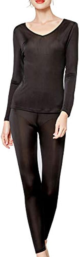 METWAY Women's Silk Long Johns V-neck Pure Silk Silk Long Underwear Thermal Underwear Sets for Winter Base Layer