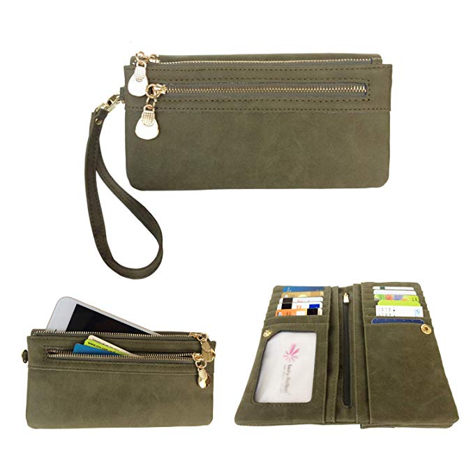 Women’s Wristlet Wallet FanCarry PU Leather Clutch Purse Card Organizer w/Front Zipper Pockets