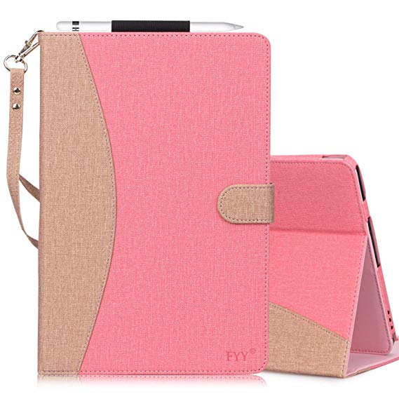 FYY [Leather Case] with [Apple Pencil Holder] for Apple iPad 9.7 2018/2017/iPad Air 2/iPad Air, Flip Folio Stand Case Protective Cover with [Auto Sleep Wake], Multiple Stand Angles, Card Slots Pink