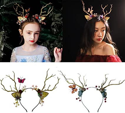 COSOON 2 Pack LED Antler Headbands, Light Up Reindeer Hairbands Hair Hoop with Elf Ears Pine Cone Jingle Bell Butterfly Berries Headdress Christmas Party Supplies