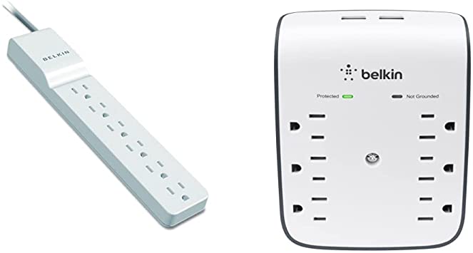 Belkin Power Strip Surge Protector - 6 AC Multiple Outlets & Charging Brick - White (720 Joules) & 6-Outlet USB Surge Protector, Wall Mount - Ideal for Mobile Devices