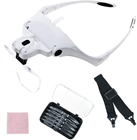 Headband Magnifier, Head Mount Magnifier Interchangeable Magnifying Glasses with 2 LED Light 5 Detachable Lenses Hands Free Headband Magnifier for Jewelry Loupe, Reading, Watch & Electronic Repair