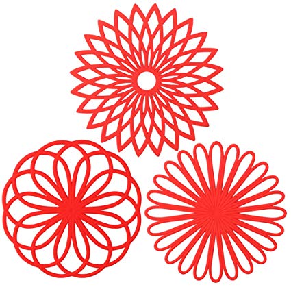 ME.FAN 3 Set Silicone Multi-Use Flower Trivet Mat - Premium Quality Insulated Flexible Durable Non Slip Coasters Hot Pads Red