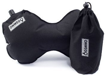 ONWEGO Inflatable Neck and Lumbar Travel Pillow with Adjustable Strap - Compact Portable Easy Carry On - Car Airplane Bus Train Black