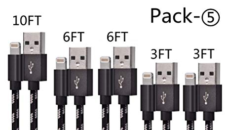iPhone Charger Cable HappinessDuck Lightning Cable Mfi Certified 5Pack 3/3/6/6/10ft Nylon Braided Fast Long iPhone Charging Cord Compatible iPhone XS/Max/XR/X/8/8Plus/7/6S/iPad/iPod/IOS More