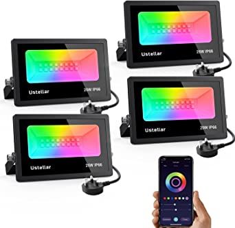4 Set 25W Smart LED RGB Floodlights, Ustellar App Control Colour Changing LED Lights Outside Outside Timing Function IP66 Waterproof Flood Light, Dimmable Foodlights Music Sync for Halloween Christmas