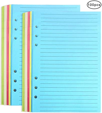 100 Sheet A5 Coloured Ruled Notepaper for Filofax - 6 Punched Holes 8.23x5.59 Inch Loose-Leaf Refillable Lined Paper, A5 Diary Planner Inserts Refills for Notes Meeting Travel Record
