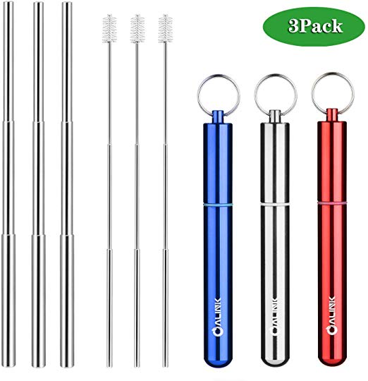 ALINK 3 Pack Rainbow Portable Reusable Collapsible Drinking Straws - Telescopic Stainless Steel Foldable Metal Straw with Aluminum Case & Cleaning Brush Red/Blue/Silver