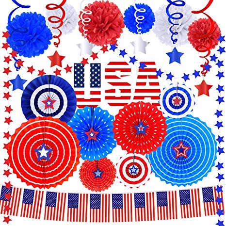 Supla 40 Pack Patriotic Party Decorations Set – Includes Red White Blue Hanging Paper Fans Patriotic Garland Streamers American Flags Banner String Star Hanging Swirl Tissue Paper Pom Poms for 4th of July Memorial Day