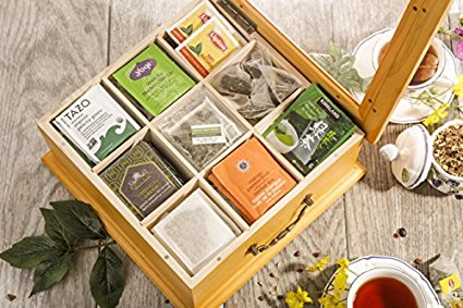Wooden Tea Box, Tea Storage, Gourmet Tea Bag Organizer & Holder, Clear Lid, 9 Compartment, 180  Bags
