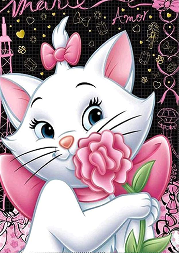 Pink Flower Cat Diamond Painting - PigBoss 5D Full Diamond Painting by Numbers - Cute Cat Crystal Diamond Dot Kits Home Decor Art Gift for Adults (11.8 x 15.7 inches)
