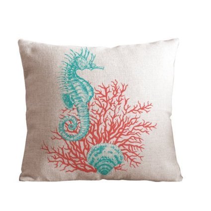 Cotton and Flax Ocean Park Theme Decorative Pillow Cover Case 18" x 18" Square Shape-ocean-beach-print- (Coral Leaf)