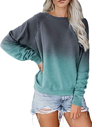 Dokotoo Womens Simple Crewneck Long Sleeve Casual Solid & Tie Dye Thin Pullover Sweatshirts Tops Shirts