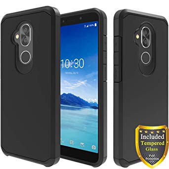 Alcatel 7 Case, T-Mobile Revvl 2 Plus Case, Alcatel 7 Folio Case, with Full Cover Tempered Glass Screen Protector, ATUS - Hybrid Dual Layer Protective TPU Case (Black/Black)