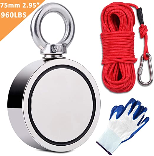 EVISWIY Magnet Fishing Kit 960LBS Double Sided Fishing Magnets with Rope 65FT Carabiner Glove Large Strong Heavy Duty Rare Earth Neodymium N52 Magnets for Magnet Fishing Underwater Retrieving