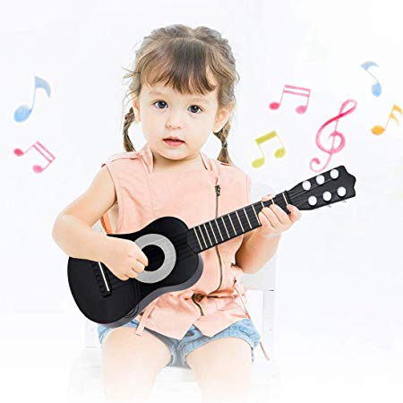 WEY&FLY Kids Toy Guitar 6 String, Baby Kids Cute Guitar Rhyme Developmental Musical Instrument Educational Toy for Toddlers (Black/Silver)