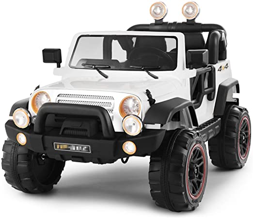 12V Ride On Car Motorized Vehicles Electric Car for Kids w/Remote Control, Wheels Suspension, Head Lights, Music, Waterproof Cover,3 Speeds, White