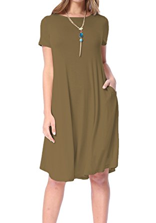 Levaca Women's Plain Scoop Neck Draped Pockets Loose Swing Casual Midi Dress