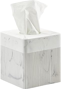 Tissue Box Cover Square Resin Tissue Holder for Home Decor, Hand Poured Marble Tissue Box Holder, 5 x 5 x 5.5 inches, White