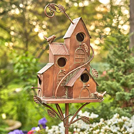 Zaer Ltd. Large Copper Colored Multi-Birdhouse Stakes, Room for 4 Bird Families in Each (Castle Home)
