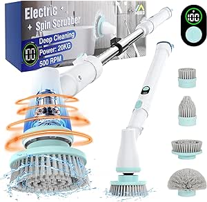 MoKo 500 RPM Cordless Shower Scrubber, New LED Display, Electric Spin Scrubber, Electric Spin Scrubber with Adjustable Extension Arm,4 Replaceable Brush Heads,Deep Cleaning for Bathroom/Tub/Tile/Floor