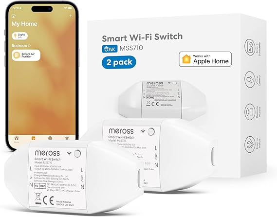 Meross WiFi Smart Switch Works with Apple HomeKit, DIY Smart Switch Module Remote and Voice Control Compatible with Alexa, Google Home, SmartThings, DIY Smart Switch for Electrical Appliances 2 Pack