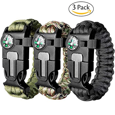 Attmu 3 Pack Paracord Survival Bracelet Outdoor Emergency Paracord Bracelet with Fire Starter Compass Whistle