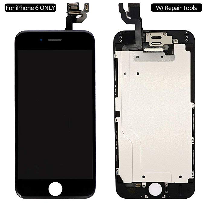 Screen Replacement for iPhone 6 4.7'' Black, LCD Display & Touch Screen Digitizer Frame Full Assmbly with Front Camera, Sensor Flex, Earpiece Speaker， Screen Protector Free Repair Tools