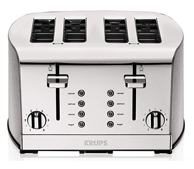 KRUPS KH734D Breakfast Set 4-Slot Toaster with Brushed and Chrome Stainless Steel Housing, 4-Slices with Dual Independent Control Panel, Silver (Renewed)