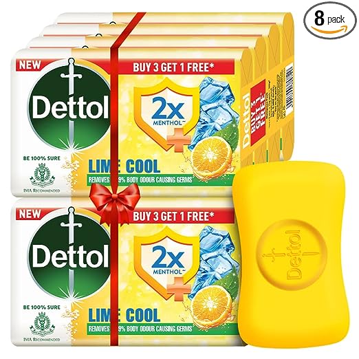 Dettol Lime Cool Bathing Soap Bar with 2X Menthol & long Lasting Freshness | Removes 99.9% Body Odour Causing Germs, 75g each (Pack of 8)