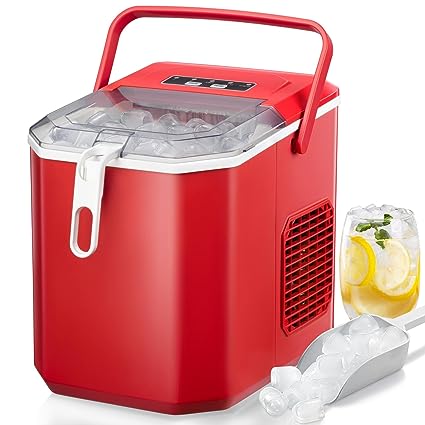 Ice Makers Countertop，6 Minutes 9 Ice Cubes Ice Maker, 24 Hours 26 lbs Self-Cleaning Portable Ice Maker with Handle and Ice Scoop, Ice Maker for Home/Office/RV/Party（Red）