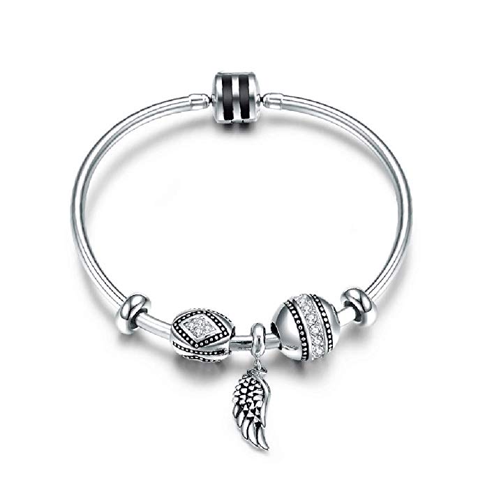JAJAFOOK 925 Sterling Silver Plated Bracelet Cz inlayed Beads Angel's Wing Dangle Bracelets, Smooth Chain Clasp