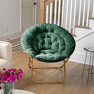 Flash Furniture Gwen 38" Oversize Portable Faux Fur Folding Saucer Moon Chair for Dorm and Bedroom, 1 Piece, Emerald Fabric/Soft Gold