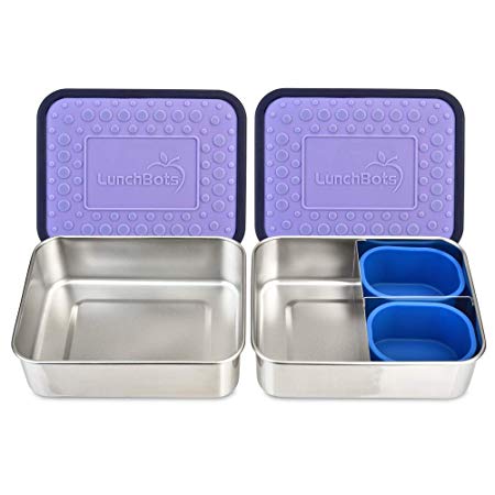 LunchBots Lite Bento Box Lunch Bundle – Includes Two Bento Boxes - One Section and Three Section Stainless Steel Containers and Silicone Cups - Eco-Friendly, Dishwasher Safe, BPA-Free - Lavender
