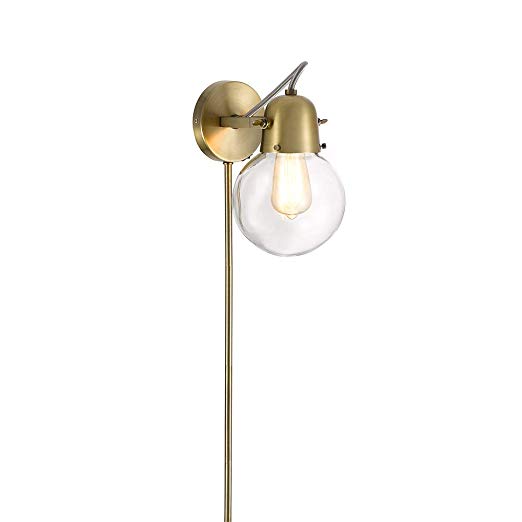 Rivet Mid-Century Modern Gold 1-Light Plug-In Wall Sconce, 9.75" H, With  Bulb, Glass Shade