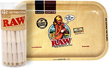 RAW Girl Design Metal Rolling Tray (Small) Bundle with 75 Organic 1 1/4 Size Pre-Rolled Cones