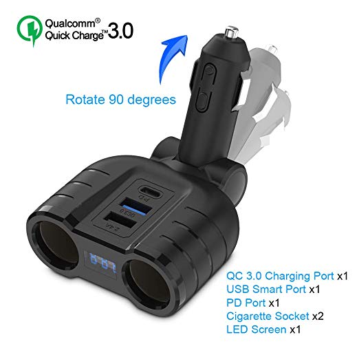 Cigarette Lighter Splitter QC3.0 Adapter, 2-Socket 12V/24V Multi Power Port USB C Car Charger with LED Voltage Display Dual USB, PD Port for Smart Phones, Tablets, GPS Dash Cam- Build in 10A Fuse