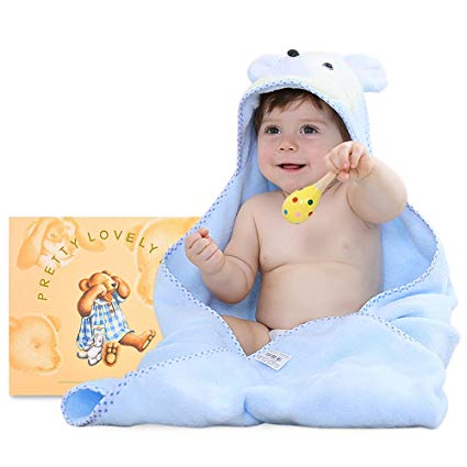 Baby Hooded Towel, Extra Soft Water Absorbent Towel - Large 32x32-Inch Premium 100% Natural Cotton Bath Towels for Kids Newborn Infant Toddler - Unique and Joyful Cartoon Design(Blue Bear)