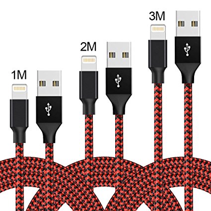 iPhone Cable,WZS® 3Pack 1m 2m 3m Extra Long Nylon Braided Apple Lightning Cable USB Cord for iPhone 7/7 Plus/6S Plus/6 Plus/6/5/5S/5C/SE,iPad Pro/Air/mini,iPod (BlackRad)