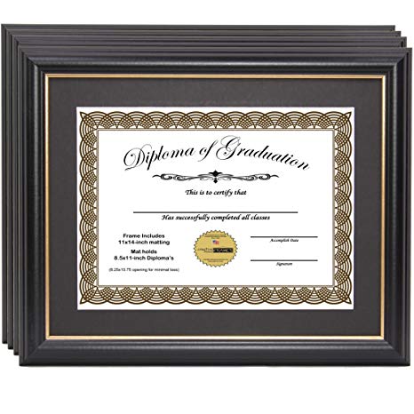 CreativePF [11x14bk.gd] Black Frame with Gold Rim, Black Matting Holds 8.5 by 11-inch Diploma with Easel and installed Hangers (4-Pack)